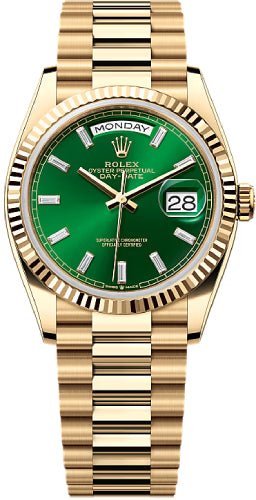 Rolex Day-Date 128238 36 36mm Bright Green Diamond-set Dial Fluted Bezel President Bracelet - 2024 Model