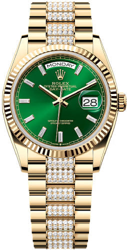Rolex Day-Date 128238 36 36mm Bright Green Diamond-Set Dial Fluted Bezel with Diamond-Set President Bracelet - 2024 Model Main image