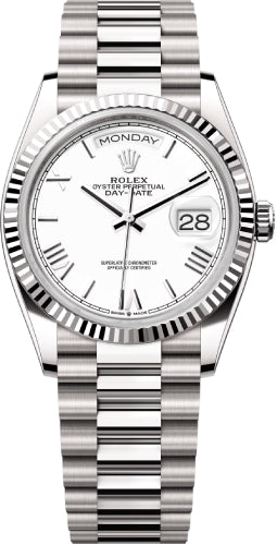 Rolex Day-Date 128239 36 36mm White Roman Dial Fluted Bezel President Bracelet - 2024 Model