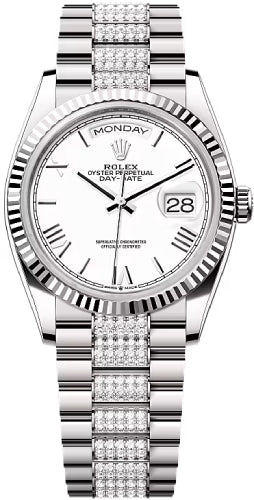 Rolex Day-Date 128239 36 36mm White Roman Dial Fluted Bezel with Diamond-Set President Bracelet - 2024 Model Main image