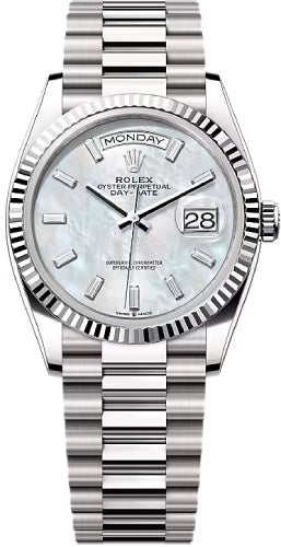 Rolex Day-Date 128239 36 36mm White MOP Diamond-Set Dial Fluted Bezel President Bracelet - 2024 Model