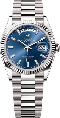 Rolex Day-Date 128239 36 36mm Bright Blue Diamond-Set Dial Fluted Bezel President Bracelet - 2024 Model