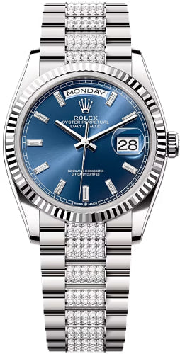 Rolex Day-Date 128239 36 36mm Bright Blue Diamond-Set Dial Fluted Bezel with Diamond-Set President Bracelet - 2024 Model Main image
