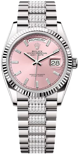 Rolex Day-Date 128239 36 36mm Pink Diamond-Set Dial Fluted Bezel with Diamond-Set President Bracelet - 2024 Model