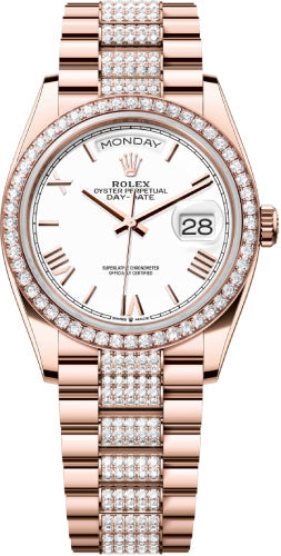 Rolex Day-Date 128345RBR 36 36mm White Roman Dial Diamond-Set Bezel with Diamond-Set President Bracelet - 2024 Model Main image