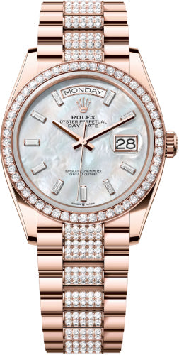 Rolex Day-Date 128345RBR 36 36mm White MOP Diamond-Set Dial Diamond-Set Bezel with Diamond-Set President Bracelet - 2024 Model