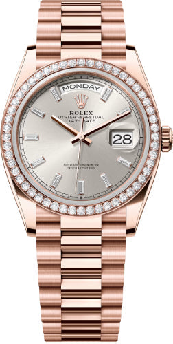 Rolex Day-Date 128345RBR 36 36mm Silver Diamond-Set Dial Diamond Bezel President Bracelet - 2024 Model
