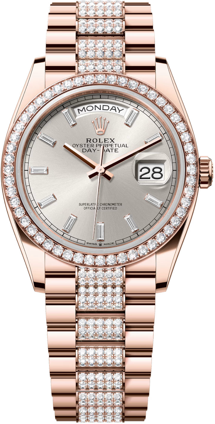 Rolex Day-Date 128345RBR 36 36mm Silver Diamond-Set Dial Diamond-Set Bezel with Diamond-Set President Bracelet - 2024 Model Main image