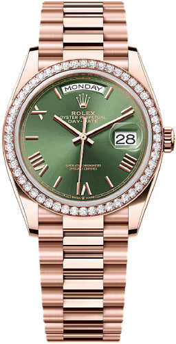 Rolex Day-Date 128345RBR 36mm Olive Green Dial Diamond-Set Bezel President Bracelet — 2025 Main image