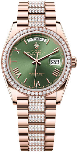 Rolex Day-Date 128345RBR 36mm Olive Green Dial Diamond Set Bezel Diamond Set President Bracelet — 2025 Main image