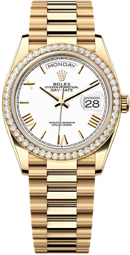 Rolex Day-Date 128348RBR 36 36mm White Dial Diamond-Set Bezel President Bracelet - 2024 Model