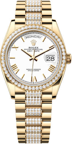 Rolex Day-Date 128348RBR 36 36mm White Roman Dial Diamond-Set Bezel with Diamond-Set President Bracelet - 2024 Model