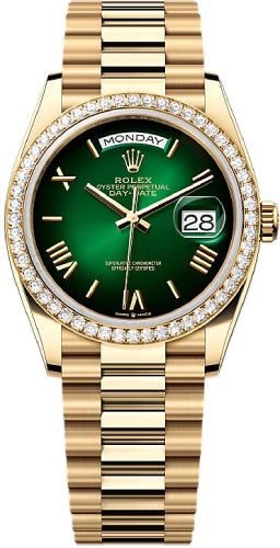 Rolex Day-Date 128348RBR 36 36mm Green Ombré Dial Diamond-Set Bezel President Bracelet - 2024 Model