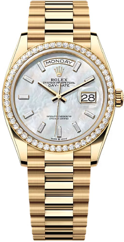 Rolex Day-Date 128348RBR 36 36mm White MOP Diamond-Set Dial Diamond-Set Bezel President Bracelet - 2024 Model