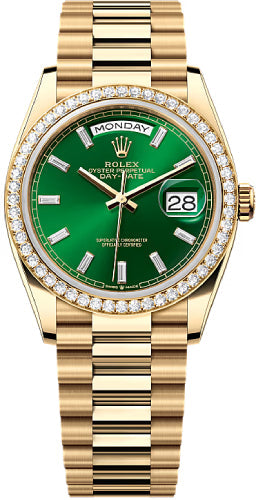 Rolex Day-Date 128348RBR 36 36mm Bright Green Diamond-Set Dial Diamond-Set Bezel President Bracelet - 2024 Model