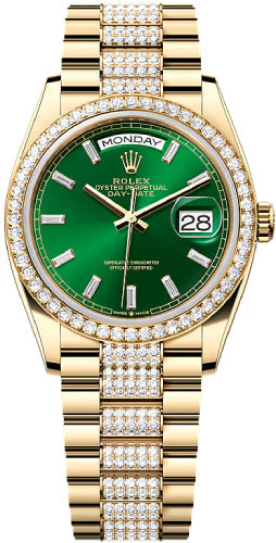 Rolex Day-Date 128348RBR 36 36mm Bright Green Diamond-Set Dial Diamond-Set Bezel with Diamond-Set President Bracelet - 2024 Model Main image