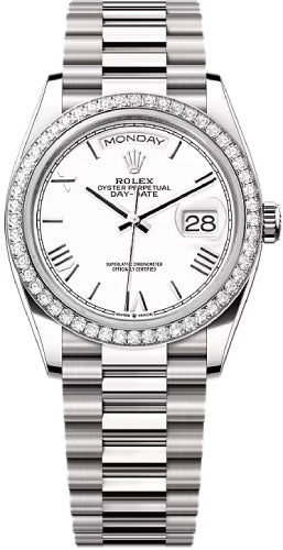 Rolex Day-Date 128349RBR 36 36mm White Dial Diamond-Set Bezel President Bracelet - 2024 Model
