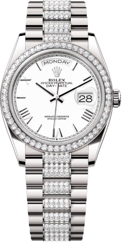 Rolex Day-Date 128349RBR 36 36mm White Roman Dial Diamond-Set Bezel with Diamond-Set President Bracelet - 2024 Model