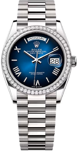 Rolex Day-Date 128349RBR 36 36mm Blue Ombré Dial Diamond-Set Bezel President Bracelet - 2024 Model