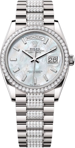 Rolex Day-Date 128349RBR 36 36mm White MOP Diamond-Set Dial Diamond-Set Bezel with Diamond-Set President Bracelet - 2024 Model