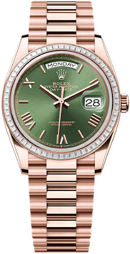 Rolex Day-Date 128395TBR 36mm Olive Green Dial Diamond Set Bezel President Bracelet — 2025