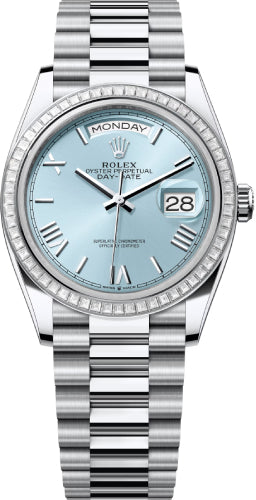 Rolex Day-Date 128396TBR 36 36mm Ice-Blue Roman Dial Diamond-Set Bezel President Bracelet - 2024 Model