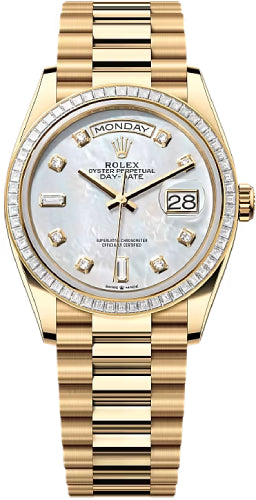 Rolex Day-Date 128398TBR 36 36mm White MOP Diamond Dial Diamond-Set Bezel President Bracelet - 2024 Model