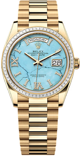 Rolex Day-Date 128398TBR 36 36mm Turquoise Diamond Dial Diamond-Set Bezel President Bracelet - 2024 Model