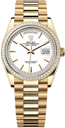 Rolex Day-Date 128398TBR 36 36mm White Stick Dial Diamond-Set Bezel President Bracelet - 2024 Model