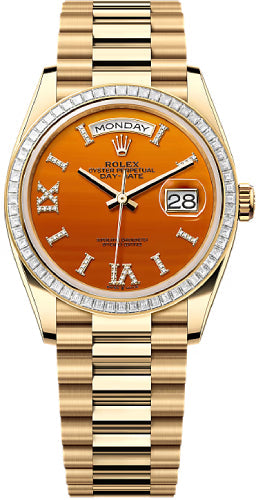 Rolex Day-Date 128398TBR 36 36mm Carnelian Diamond Dial Diamond-Set Bezel President Bracelet - 2024 Model