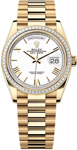 Rolex Day-Date 128398TBR 36 36mm White Roman Dial Diamond-Set Bezel President Bracelet - 2024 Model