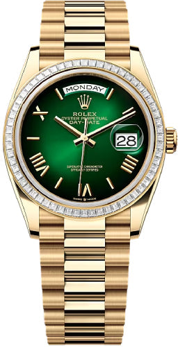 Rolex Day-Date 128398TBR 36 36mm Green Ombré Roman Dial Diamond-Set Bezel President Bracelet - 2024 Model