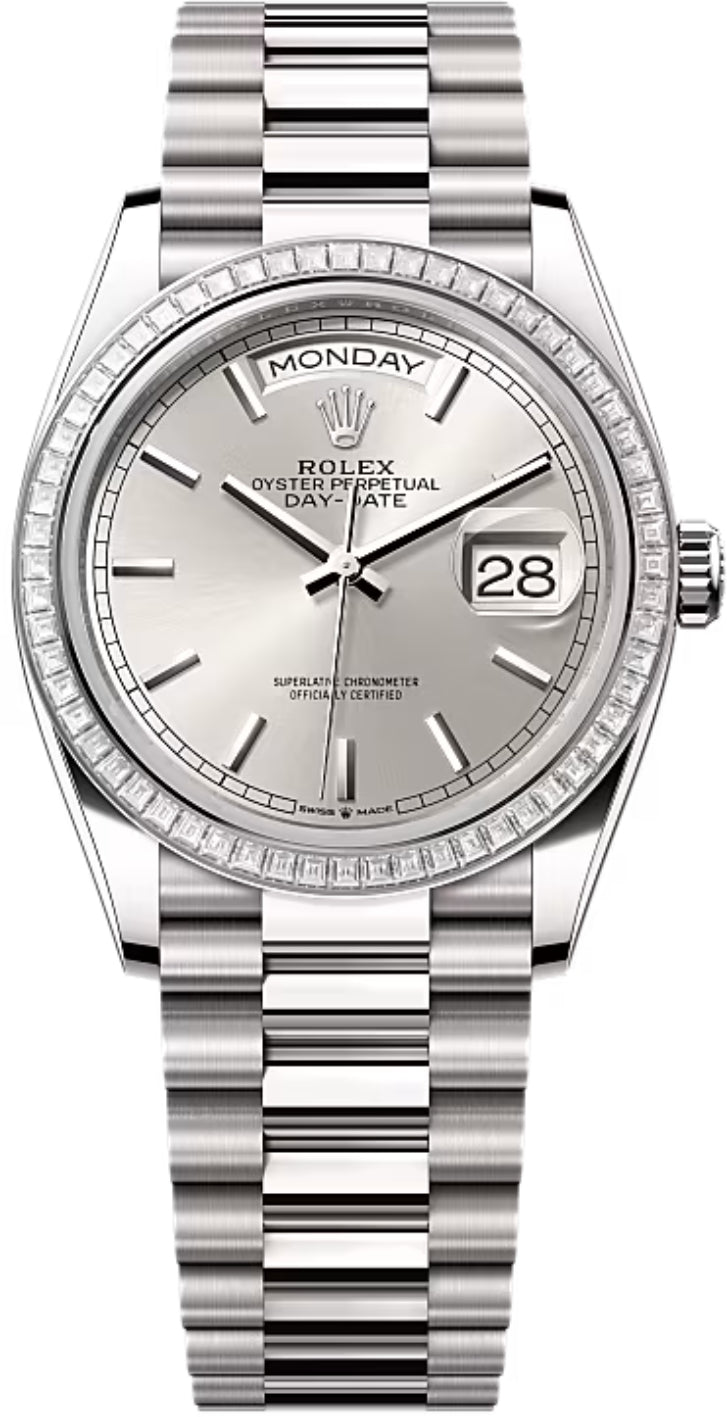Rolex Day-Date 128399TBR 36 36mm Silver Stick Dial Diamond-Set Bezel President Bracelet - 2024 Model Main image