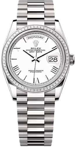 Rolex Day-Date 128399TBR 36 36mm White Roman Dial Diamond-Set Bezel President Bracelet - 2024 Model