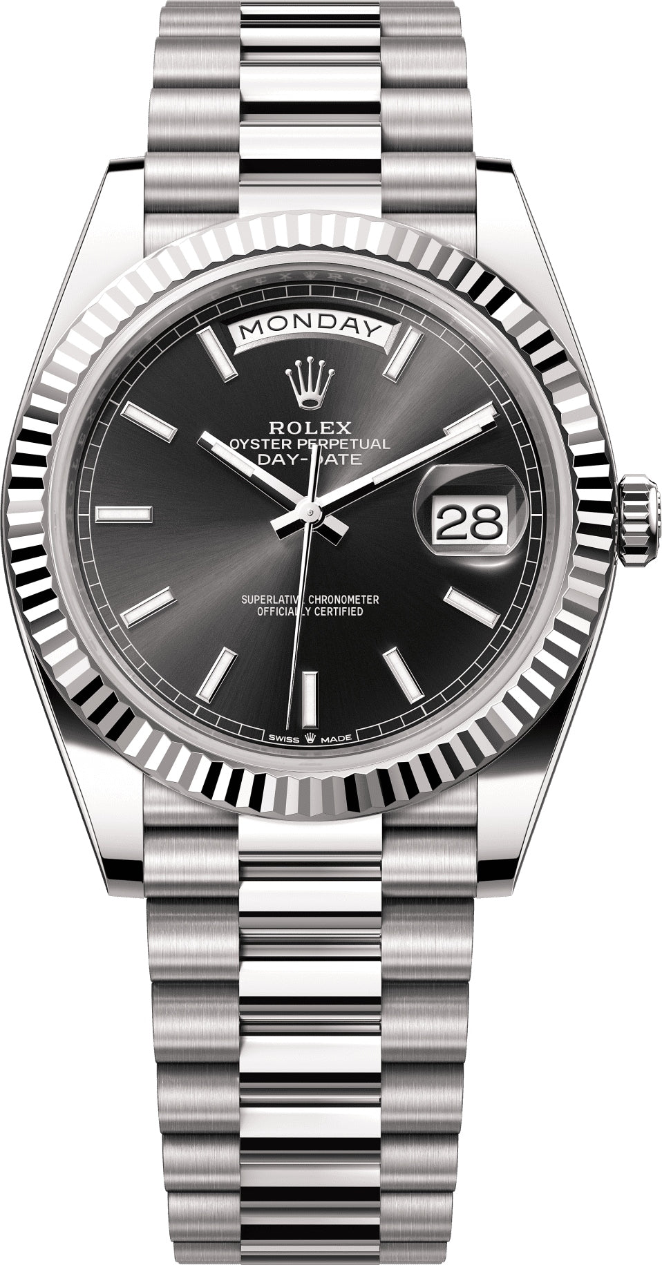 Rolex Day-Date 228239 40 in 18 ct white gold bright black dial Fluted Bezel President Bracelet - 2024 Model