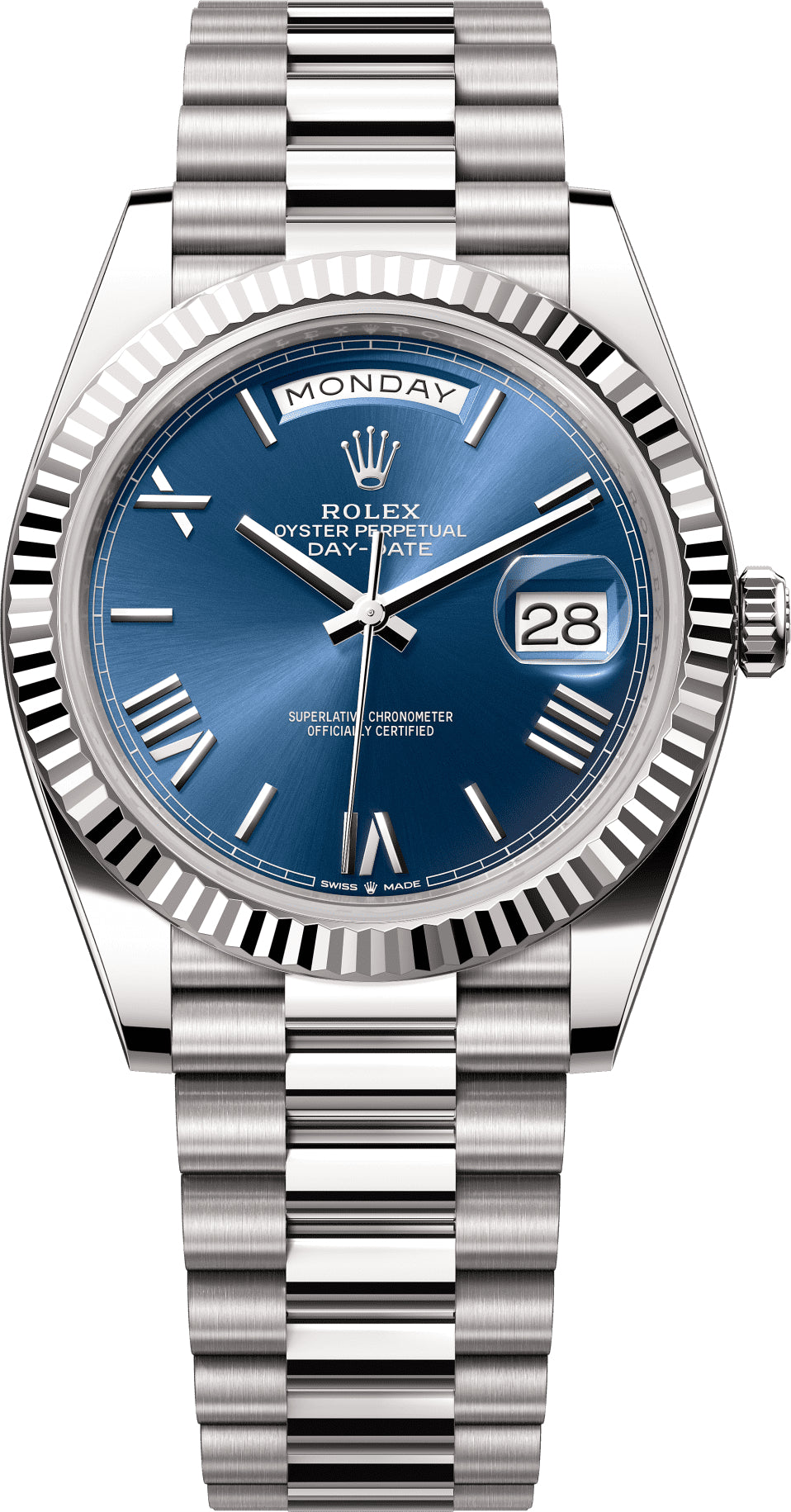 Rolex Day-Date 228239 40 40mm bright blue dial Fluted Bezel President Bracelet - 2024 Model