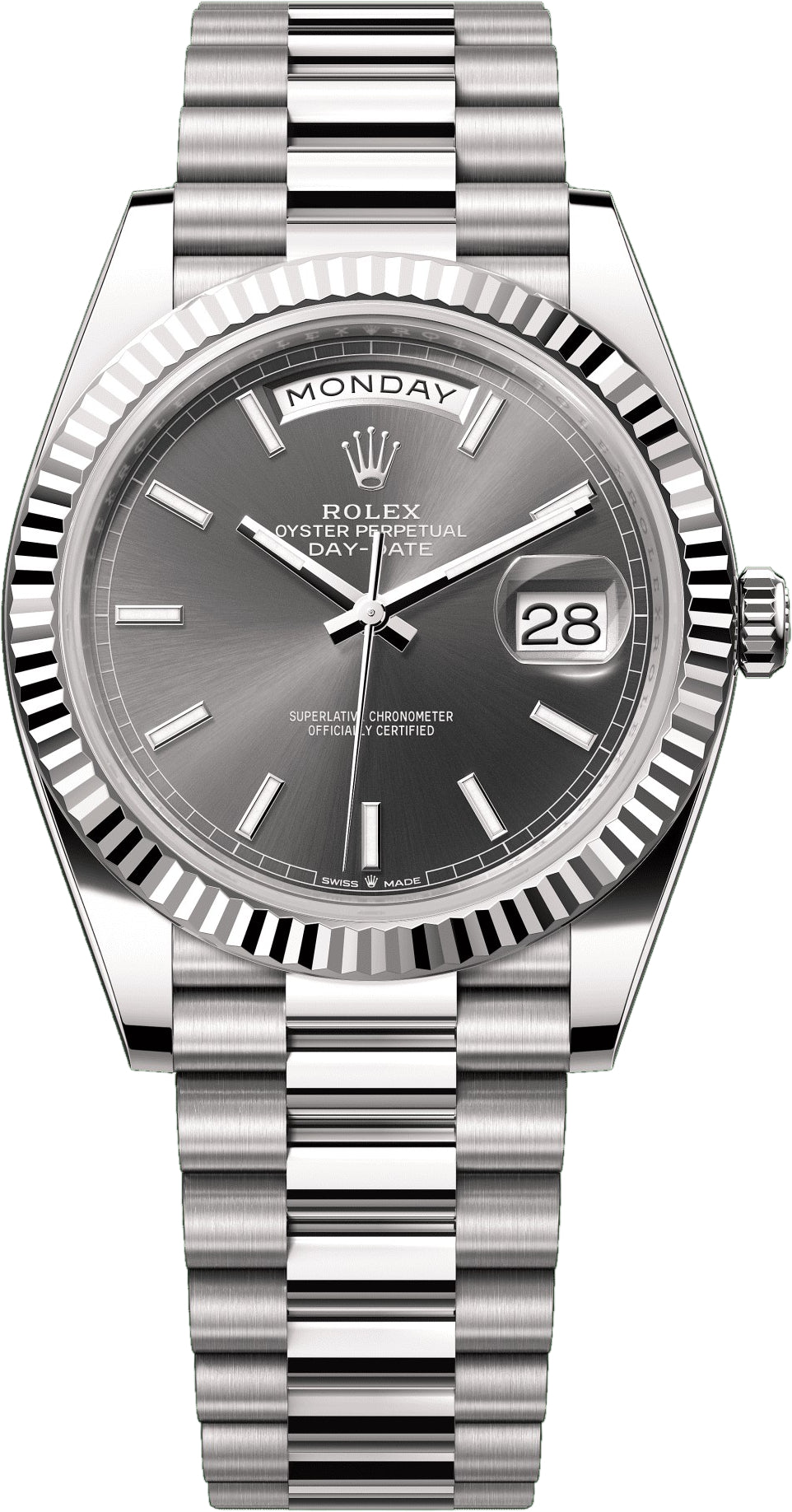 Rolex Day-Date 228239 40 40mm White Gold Slate Dial Fluted Bezel President Bracelet - 2024 Model