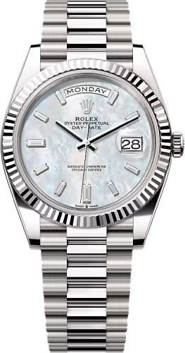 Rolex Day-Date 228239 40 40mm White MOP Diamond Set Dial Fluted Bezel President Bracelet - 2024 Model