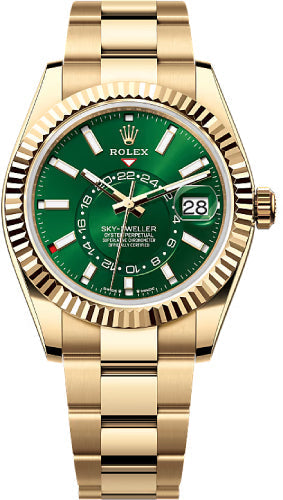 Rolex Sky-Dweller 336938 Yellow Gold 42mm Bright Green Dial Fluted Bezel Oyster Bracelet — 2025