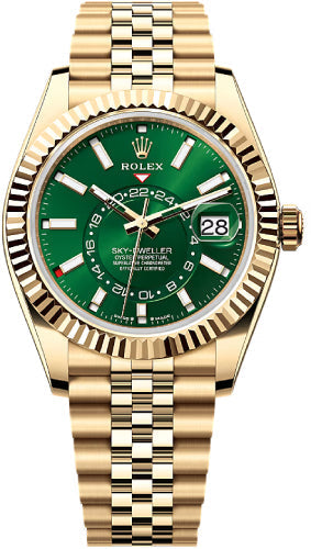Rolex Sky-Dweller 336938 Yellow Gold 42mm Bright Green Dial Fluted Bezel Jubilee Bracelet — 2025