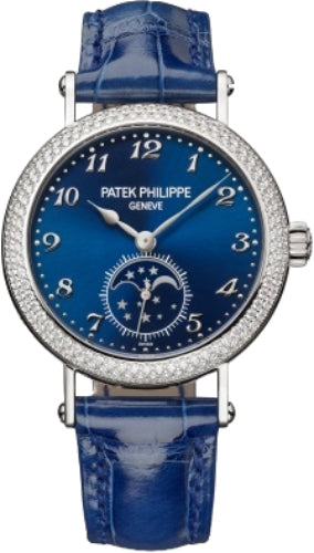 Patek Philippe Complications 7121/200G-001 Moon Phases White Gold Blue Dial 33mm Diamond Bezel