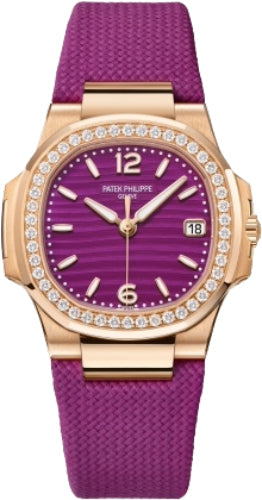 Patek Philippe Nautilus 7010R-013 Date Sweep Seconds Quartz Rose Gold/Diamonds Lacquered Purple Dial Fabric Strap