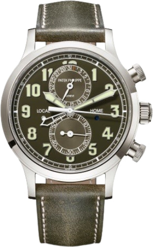 Patek Philippe Complications 5924G-010 Calatrava Pilot Travel Time Chronograph White Gold Khaki Green Dial