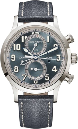 Patek Philippe Calatrava 5924G-001 Complications Pilot Travel Time Chronograph White Gold Blue-Gray Dial