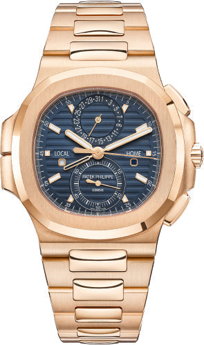 Patek Philippe Nautilus 5990/1R-001 40.5mm Flyback Chronograph Travel Time Rose Gold Blue Dial