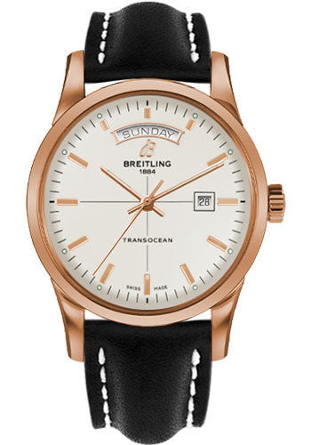 Breitling R4531012/G752/436X/R20D.1 Transocean Day & Date 43mm Red Gold Case - Mercury Silver Dial - Black Leather Strap