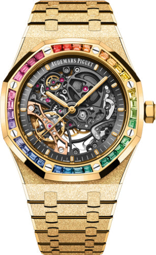 Audemars Piguet Royal Oak 15412BA.YG.1224BA.01-B 41mm Frosted Gold Double Balance Wheel Openworked Yellow Gold Rainbow Gem-set Bezel