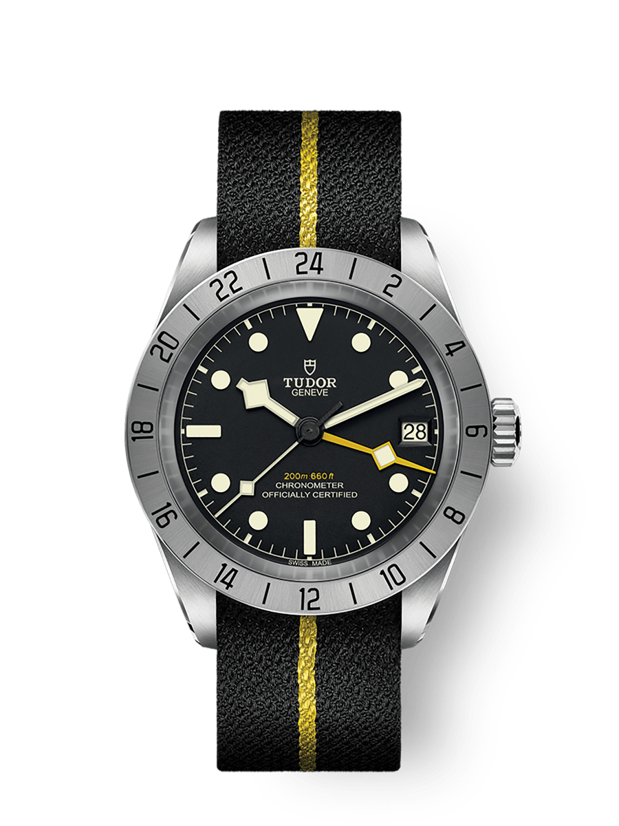 Tudor Black Bay Pro M79470-0002 39mm steel case, Black fabric strap with yellow band