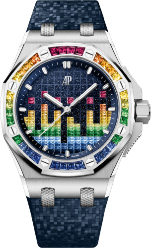 Audemars Piguet Royal Oak Offshore 77601BC.YY.D343CA.01 37mm Selfwinding-Music Edition White Gold Gemstones Bezel Blue Dial Rubber Strap Main image