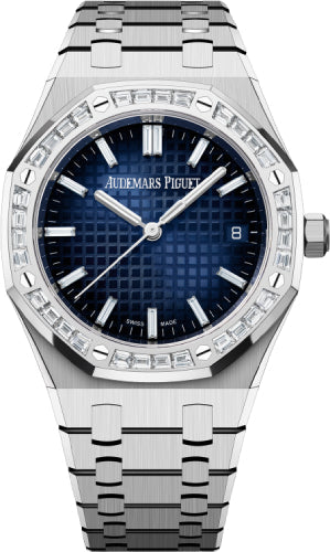 Audemars Piguet Royal Oak 77451BC.ZZ.1261BC.01 34mm White Gold Diamond Set Bezel Blue Diamond Baguette Dial